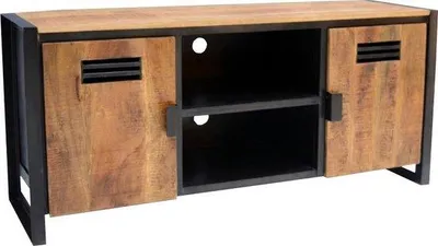 Image de Meuble TV avec 2 portes, dimensions 150x40x60 cm, en bois de manguier et métal