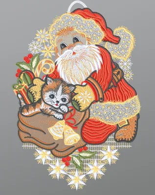 Produktbild von Fensterbild aus Plauener Spitze - Weihnachtsmann mit Kätzchen  (Bx H) 19cm * 28cm mehrfarbig Fensterdekoration Fensterschmuck