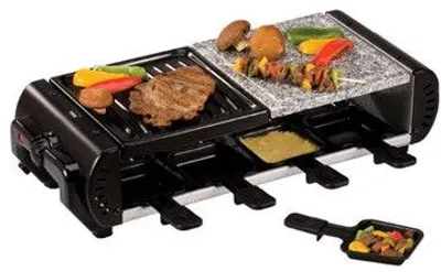 A raclette and barbecue grill with food items on it, including steak, vegetables, and skewers.