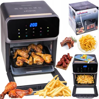 Produktbild von LINBOX Heißluftfritteuse mit Backofenfunktion, 8 l, 1600 W, Sichtfenster, LED-Display und 2 Backblechen, Schwarz/Edelstahl