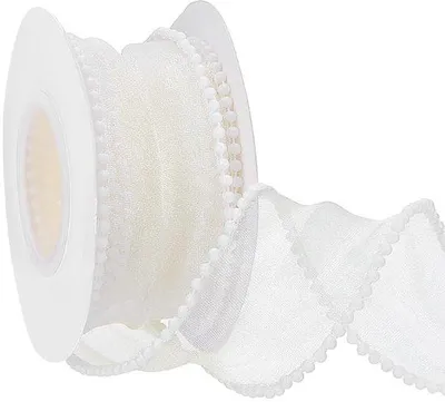 Immagine prodotto di Nastro in tessuto trasparente - Beige chiaro con bordo in perline - Larghezza 40 mm, lunghezza 4,5 m