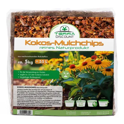 Produktbild von Terra Discount Kokoschips 5 kg (ca. 55 Liter) – Kokos-Mulchchips als Pflanzsubstrat, Mulch & Bodenverbesserer für Zimmerpflanzen, Orchideen, Monstera,