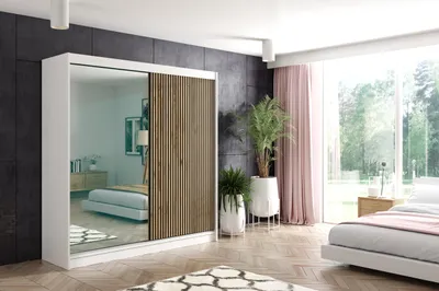 Produktbild von ALTDECOR Kleiderschrank mit Spiegel und Lamel-Schiebetüren, kugelgelagerte Führungsschienen und Aluminium-Leisten - VILO - 200 cm - Weiß/Lamelle Eiche Wotan