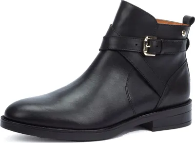 A single black leather boot with a buckle strap.
