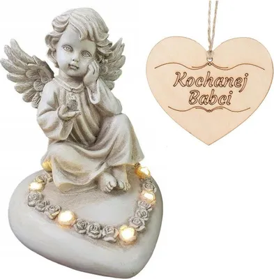 Immagine prodotto di Angelo con candela seduto su un cuore, illuminato a LED, per la tomba della nonna, 18 cm