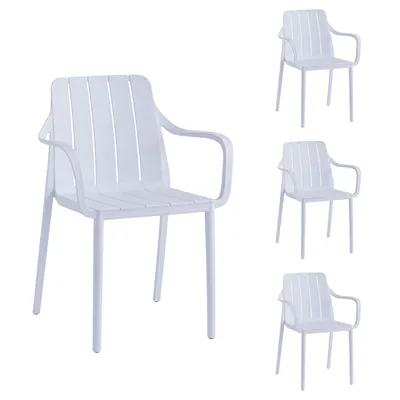 Produktbild von VORTIVO Gartenstuhl 4er Set Weiß – stapelbar, wetterfest, UV-beständig & bis 200 kg. Für Balkon, Terrasse, Garten & Esszimmer.
