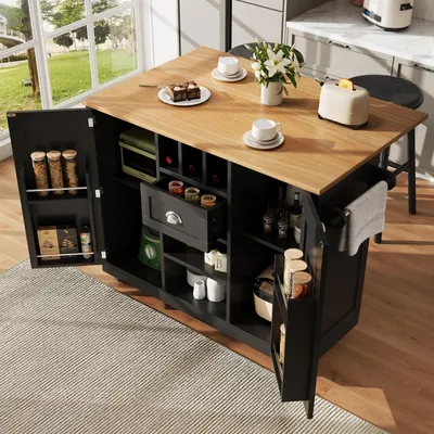 Image de MODFU Table de Cuisine, Îlot Central avec Parois Pliantes et Meuble de Rangement, Chariot de Cuisine avec Poignée, 140 x 70 x 93,5 cm - Noir