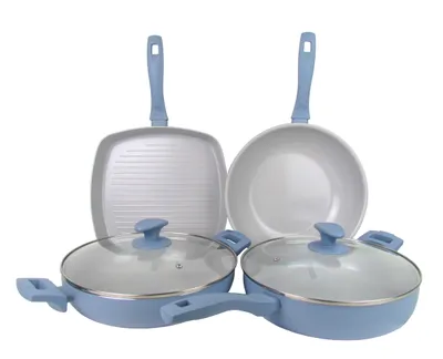 Produktbild von XL 6-teiliges Pfannen-Set Grillpfanne Wokpfanne Schmorpfanne Servierpfanne für alle Herdarten auch Induktion - Blau