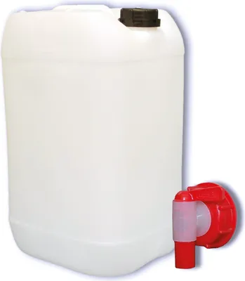 Image de Bidon en plastique naturel de 25 litres, avec bouchon noir DIN 61 et étiquette d'identification du contenu.
