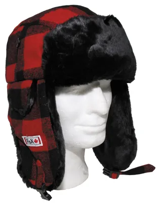 A red and black plaid trapper hat with black fur trim is displayed on a white mannequin head against a white background.