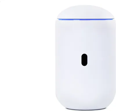 A white cylindrical electronic device with a blue light strip at the top and a black oval sensor on the front, set against a white background.