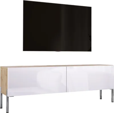Obrázek produktu pro TV stolek z dřeva Wotan s bílým lesklým povrchem a chromovými nohami, rozměry 140 x 52 x 32 cm