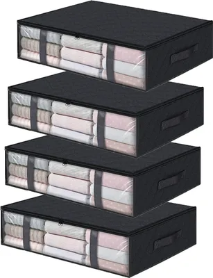 Produktbild von 4 Stück Unterbettkommode Quilt Kleidung Organizer,Unterbettbox,Unterbett Aufbewahrung,Staubdicht Stauraum Lagerung unter dem Bett,60*45*15cm (Schwarz)