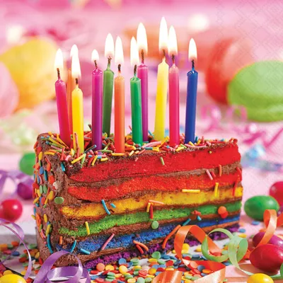 Produktbild von Servietten Papier 33x33cm 3-lag Torte mit Kerzen Motiv / Bunt 20 Stk.