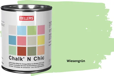 Produktbild von OELLERS Chalk 'N Chic Kreidefarbe Wiesengrün 1L matt – für Shabby-Chic-Look & Vintage-Stil auf Holz, Beton, Raufaser, Gipskarton uvm.