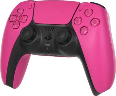 A pink and black PlayStation 5 DualSense wireless controller is shown against a white background.