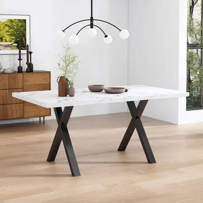 Image de Table de salle à manger 140 × 80 × 76 cm, table rectangulaire avec pieds en métal croisés, plateau en MDF imitation marbre, design moderne et minimaliste, noir et blanc