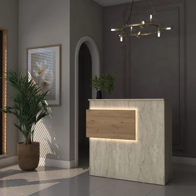 Productafbeelding van Skye Decor, receptiebalie 110x110 cm, travertin en walnoot, met LED-verlichting, model E1