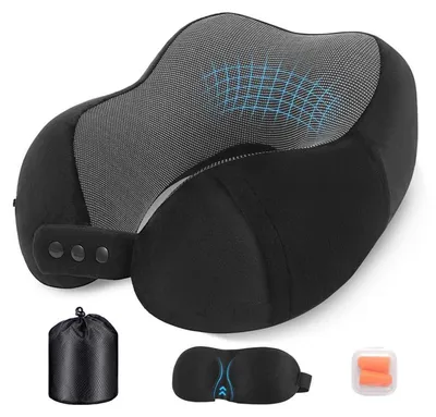 Immagine prodotto di Set da viaggio per il collo, con mascherina per gli occhi, tappi per le orecchie e custodia, in memory foam, colore nero