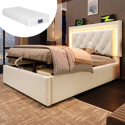 Produktbild von STILVORA Polsterbett 90x200cm Mit Matratze Einzelbett mit LED-Diamantband im Kopfteil, USB & Type-C Ladestation, hydraulischem Jugendbett mit Stauraum, modernes Jugendbett mit Lattenrost, Beige