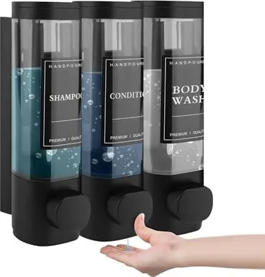 Obrázok produktu pre Dávkovač mydla na stenu, namontovaný 3 priehradky sprchový gél na umývanie rúk ABS bez vŕtania hotelový dom, 300 ml x (čierna)