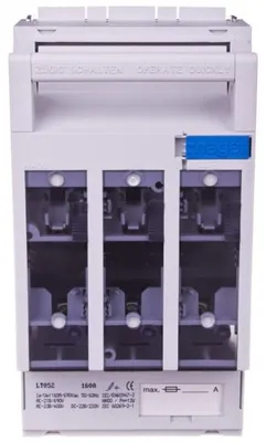 Imagen del producto de Interruptor automático de protección Hager LT052, tipo NH00, 160A, con conexión por tornillo M8, para montaje en carril DIN