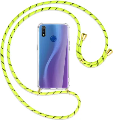 Produktbild von Handykette Backcover-Schutzhülle mit Band (Metall goldfarben) für Realme 3 Pro (X Lite) - neongelb