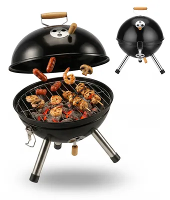 Produktbild von Relaxdays Mini Kugelgrill, tragbar, Ø 30 cm, Picknickgrill für Balkon & Camping, Holzkohlegrill mit Holzgriff, schwarz