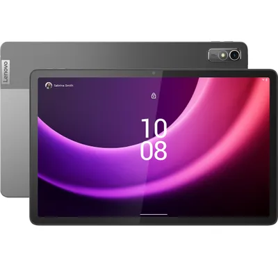 A Lenovo tablet is shown from the front and back.