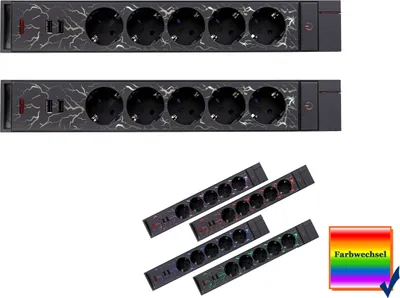 Produktbild von Gamer Mehrfachsteckdosen 2er SET 5fach Farbwechsel 1,4Meter, 2xUSB Steckerleiste