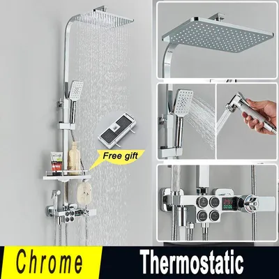 Produktbild von LCD Duschsystem - Thermostatische Regendusche zur Wandmontage - Temperaturanzeige (wasserbetrieben) - Handbrause & Bidetbrause - Wannenauslauf/Schwenkauslauf - Chrom