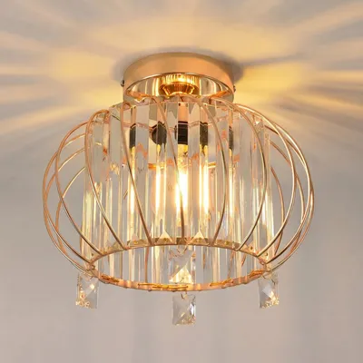 Zdjęcie produktu dla Lampa sufitowa ANWIO Kristall, żyrandol, lampa sufitowa szklana, idealna do przedpokoju, kolor złoty, z abażurem z kryształów, gwint E27, nowoczesna lampa do salonu, sypialni, kuchni i jadalni - średnica 28 cm