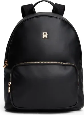 A black backpack shown from the front.