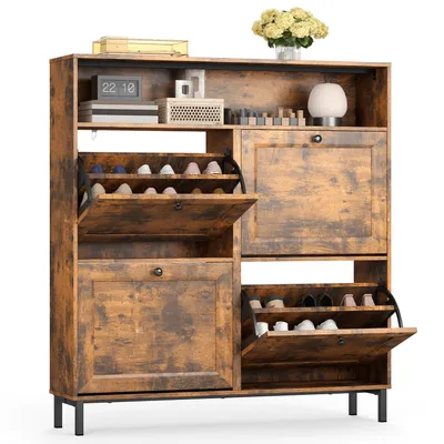 Produktbild von BEALIFE Schuhschrank schmal 100x24x108 cm mit 4 Klappen | platzsparender Flurschrank Schuhregal geschlossen Shoe Cabinet | FS61 Retro Braun