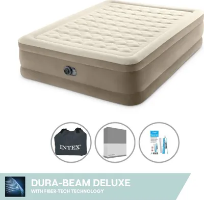An inflatable mattress with accessories shown below.