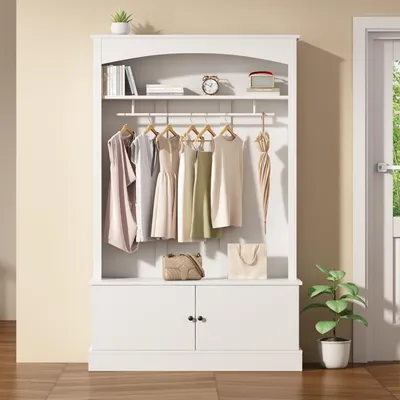 Produktbild von Garderobenschrank mit Sitzbank, Schuhregal und Ablagefach, freistehend, platzsparend, für Flur, Eingangsbereich, mit Kippschutz, Weiß