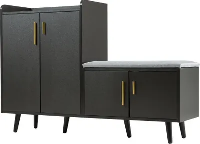 Produktbild von Moderner Schuhbaenke B120/D34/H82 cm Schwarzmit Holzmaserung Schuhschrank vier Aufbewahrungstueren asymmetrischen Metallgriffen Schuhbaenke