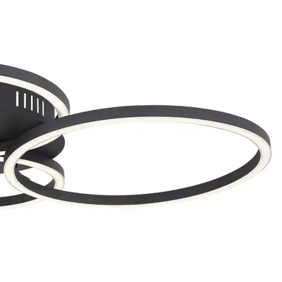 A close-up, studio shot of a modern black ceiling light with integrated LED lighting.