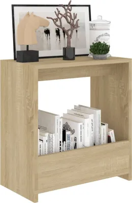 A wooden side table with books and decorative items on top.
