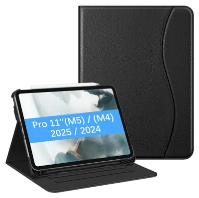 Produktbild von Fintie Hülle für iPad Pro 11 Zoll (M5/M4) 2025/2024 mit Stifthalter, Multi-Winkel Betrachtung Folio Stand Schutzhülle Case mit Dokumentschlitze, Schwarz