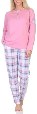 Produktbild von Normann Damen Schlafanzug mit karierter Pyjama-Hose aus Jersey - auch in Übergröße ; rosa , 48
