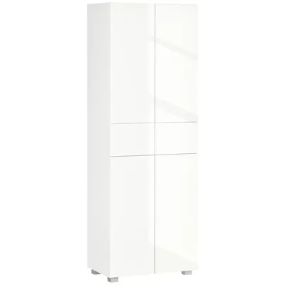 Image de HOMCOM Armoire cuisine buffet de cuisine haut meuble de rangement avec 4 portes ouvertes par poussée, 2 tiroirs et des étagères réglables Style Moderne 60 x 35 x 170 cm Blanc laqué