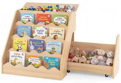 Produktbild von COSTWAY 4 stufiges Kinder Bücherregal, Kinderregal mit Fach & Schublade auf Rollen, Spielzeugregal Montessori, Aufbewahrungsregal aus Holz , Natur