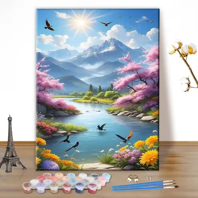 Image de Kit de peinture par numéros pour adultes, paysage naturel, dimensions 30x40 cm, sans cadre, comprenant des peintures acryliques, des pinceaux et une toile