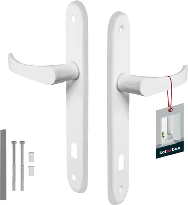 Two white door handles with mounting hardware and a product tag.