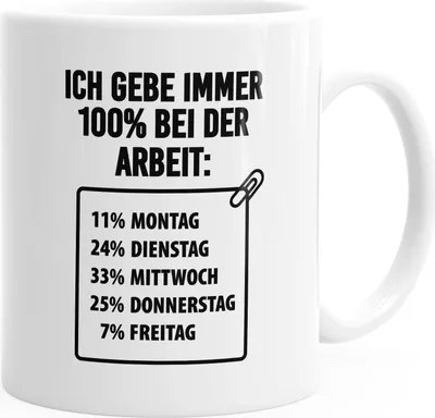Produktbild von Büro Spuch-Tasse Ich gebe immer 100% bei der Arbeit Motiv weiß unisize