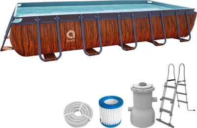 A rectangular frame pool with its accessories, including a ladder, filter, and hose, displayed on a white background.
