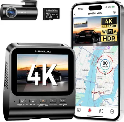 Immagine prodotto di Videocamera per auto anteriore e posteriore - 4K+1080p - Wi-Fi GPS - Grandangolo 170° - Con scheda SD da 64 GB