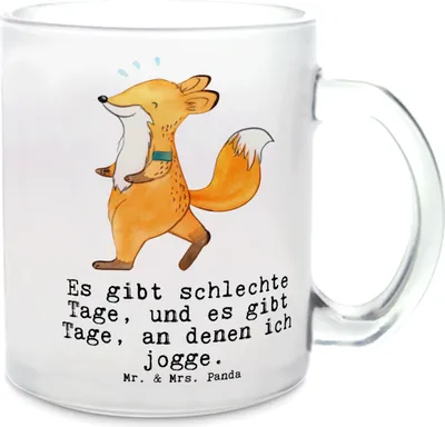 Produktbild von Mr. & Mrs. Panda Trinkglas Fuchs Joggen - Transparent - Geschenk, Laufen, Laufsport, Teetasse, Henkeltasse, Tee Tasse, Motivtasse, Dauerlauf, aus Glas