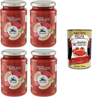 Produktbild von Alce Nero Pomodoro con basilico Tomate mit Basilikum 4x350gr +Italian Gourmet polpa 400g